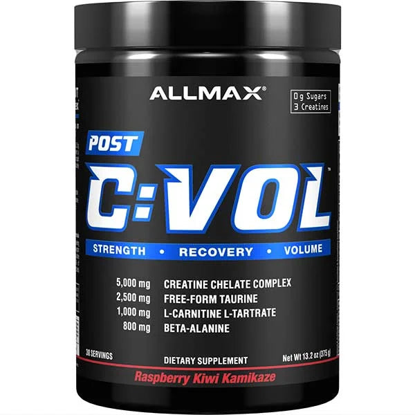 ALLMAX POST C:VOL Raspberry Kiwi Kamikaze, a 375g creatine complex for enhanced muscle recovery and strength.
