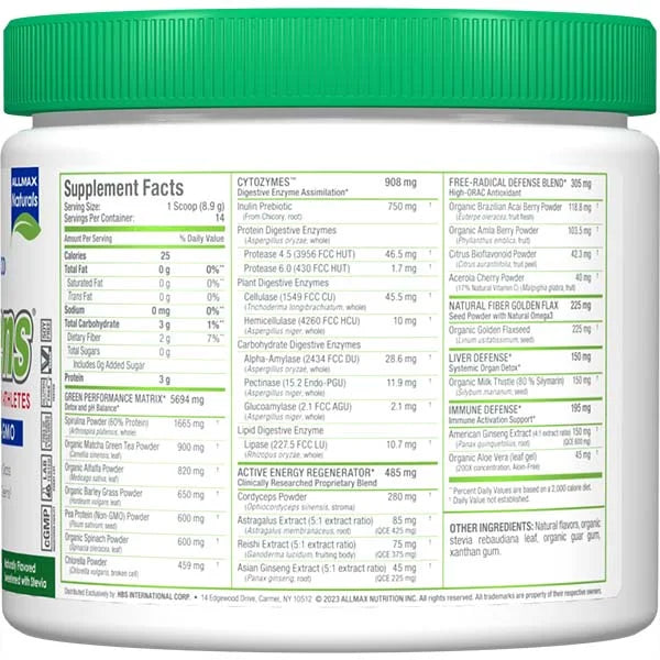 Allmax CytoGreens Acai Berry Green Tea 125g right view showing the nutrient-dense supplement facts for athletic recovery.