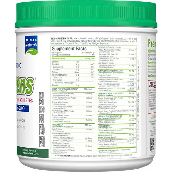 Allmax CytoGreens Acai Berry 535g right view showing supplement facts for improved athletic recovery and energy.