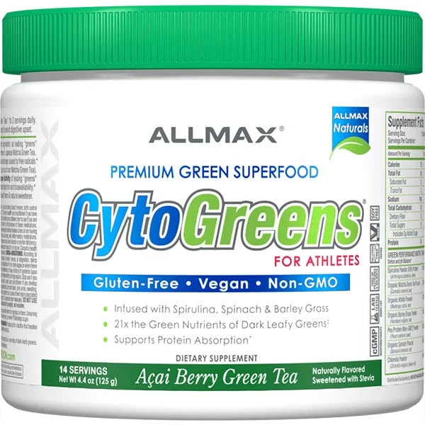 ALLMAX CytoGreens Açai Berry Green Tea superfood powder for athlete performance and nutrient absorption.
