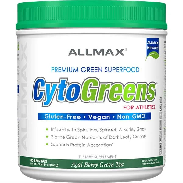 Allmax CytoGreens Premium Green Superfood in Açai Berry flavor for athlete performance and protein absorption.