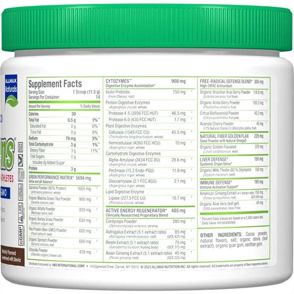 Cytogreens Chocolate right view displaying supplement facts and digestive enzymes for peak performance support.
