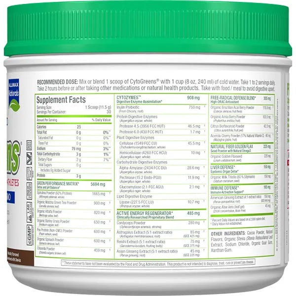 Allmax CytoGreens Chocolate 30 servings right view showing supplement facts for high-performance antioxidant support.