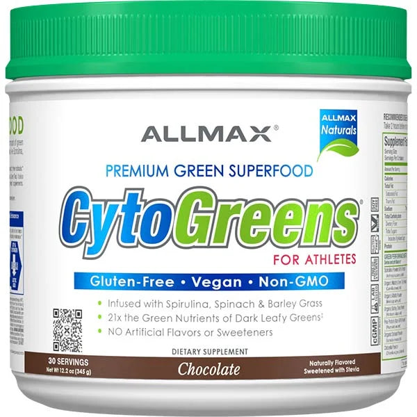 ALLMAX CytoGreens Chocolate flavor 30 servings is a vegan and non-GMO green superfood for performance.
