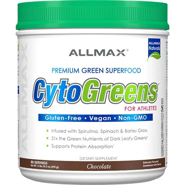 CytoGreens chocolate superfood powder for athletes provides vegan nutrients to support protein absorption.