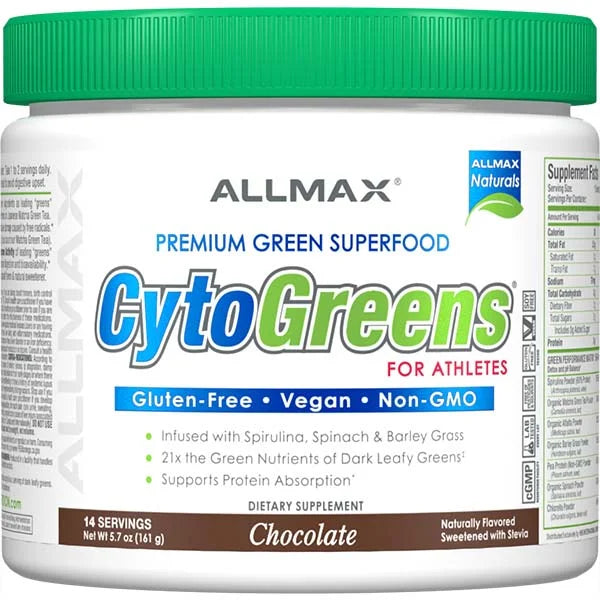 ALLMAX CytoGreens chocolate superfood powder for athletes provides concentrated green nutrients in a 161g tub.