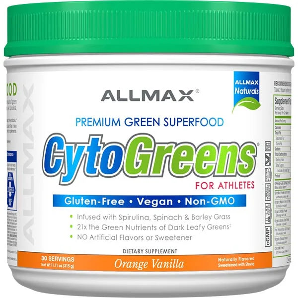 ALLMAX CytoGreens Premium Green Superfood in Orange Vanilla flavor for performance and daily health.