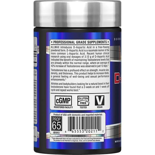ALLMAX D-Aspartic Acid 100g left side view highlighting cGMP and vegan certifications for testosterone support.