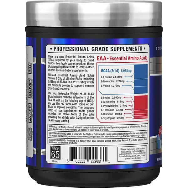 ALLMAX EAA Essential Amino Acids left view detailing supplement facts for muscle recovery support.