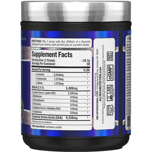 Allmax Nutrition EAA 400g right side view showing the essential amino acid profile for muscle recovery.