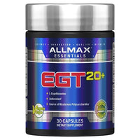 Allmax Essentials EGT 20+ antioxidant supplement in a 30-capsule bottle for cellular protection.