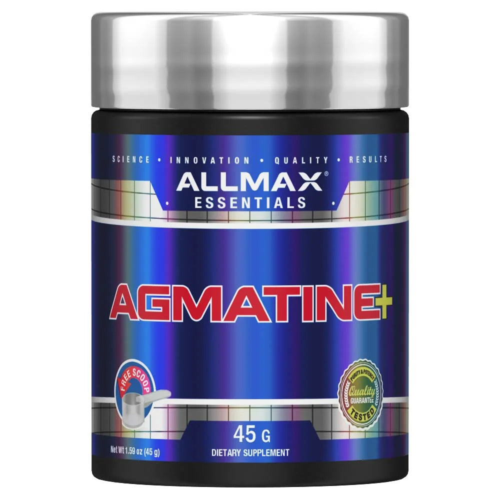 ALLMAX Agmatine+ essentials supplement in a 45g jar for enhanced performance and training support.