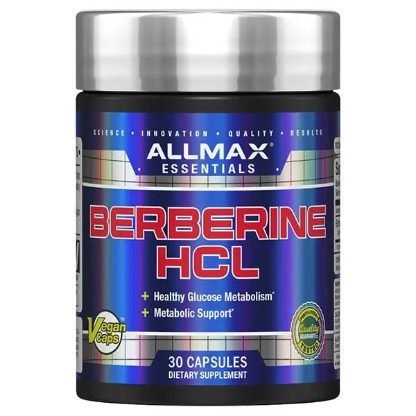 ALLMAX Essentials Berberine HCL capsules for healthy glucose metabolism and metabolic support.