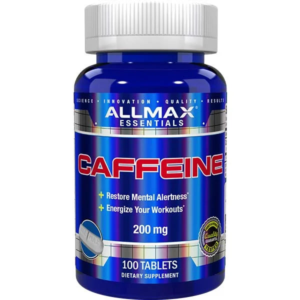 ALLMAX Essentials Caffeine 200 mg tablets to help restore mental alertness and energize workouts.