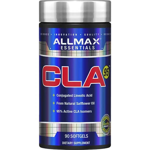 Allmax Essentials CLA 95 dietary supplement with 90 softgels for pure conjugated linoleic acid support.