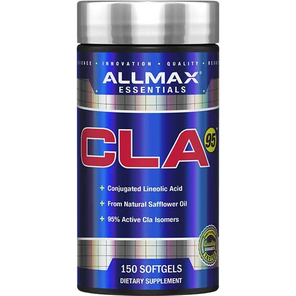 Allmax Essentials CLA 95 softgels for metabolic support in a 150-count bottle with natural safflower oil.
