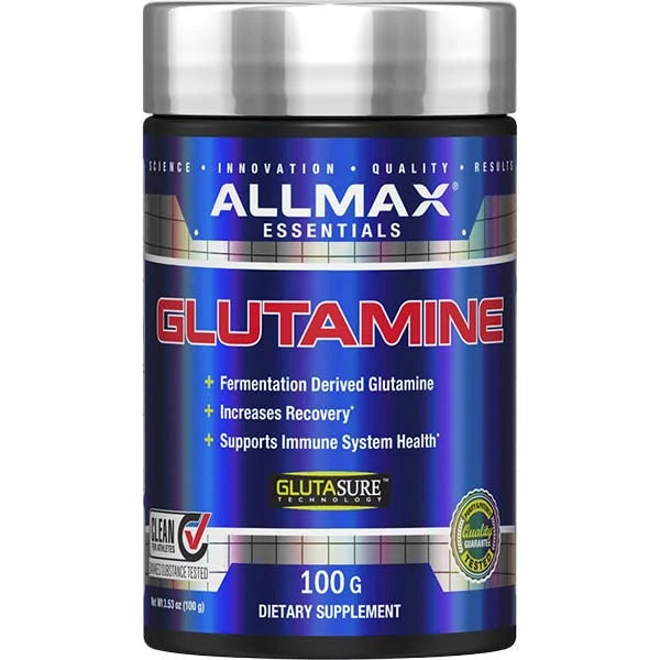 Allmax Essentials Glutamine 100g powder for muscle recovery and immune system support during intense training.
