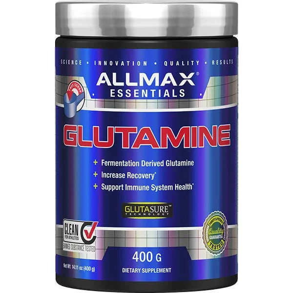 ALLMAX Essentials Glutamine powder in a 400g jar to support muscle recovery and immune health.