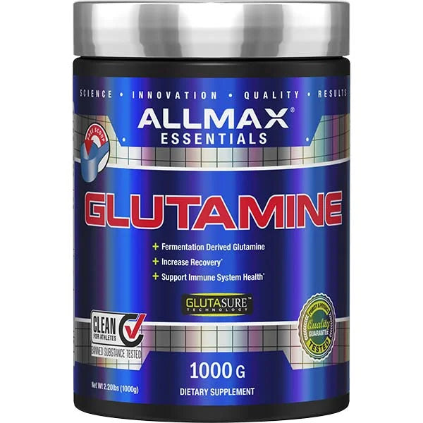 Allmax Essentials Glutamine 1000g powder supplement for enhanced muscle recovery and immune health.