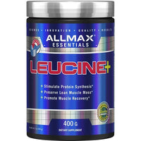ALLMAX Essentials Leucine+ powder in a 400g container to help stimulate protein synthesis and muscle recovery.