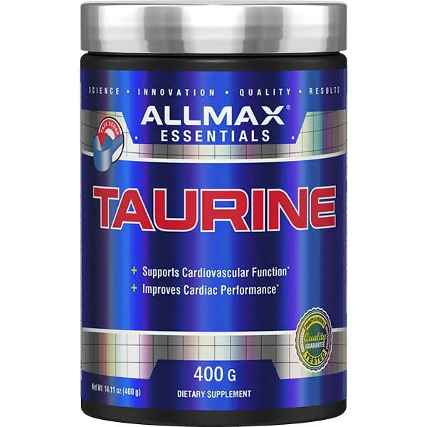 ALLMAX Essentials Taurine supplement for cardiovascular support in a 400g jar with a free scoop.