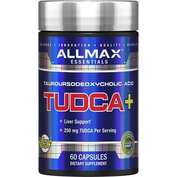 ALLMAX Essentials TUDCA+ dietary supplement capsules for liver support in a sixty-count bottle.