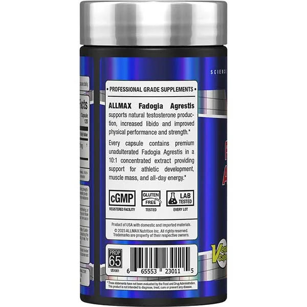 ALLMAX Fadogia Agrestis 120 capsules left side view featuring testosterone support for increased physical performance.