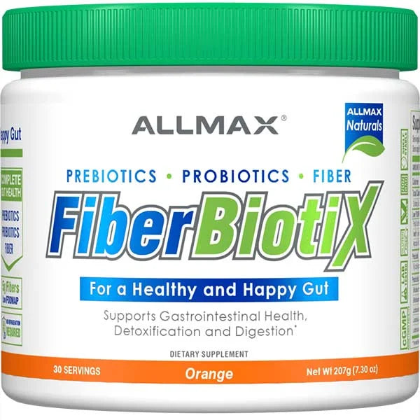 Allmax FiberBiotix Orange prebiotic and probiotic powder supports gut health and digestion in a 207g tub.