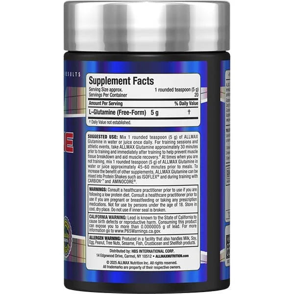 Allmax Glutamine 100g container right side view showing supplement facts for muscle recovery.