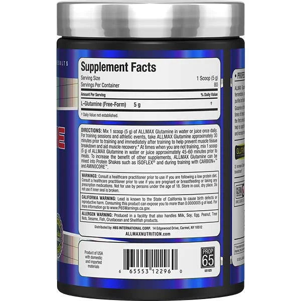 Allmax Glutamine 400g right view showing supplement facts and directions for pure muscle recovery.