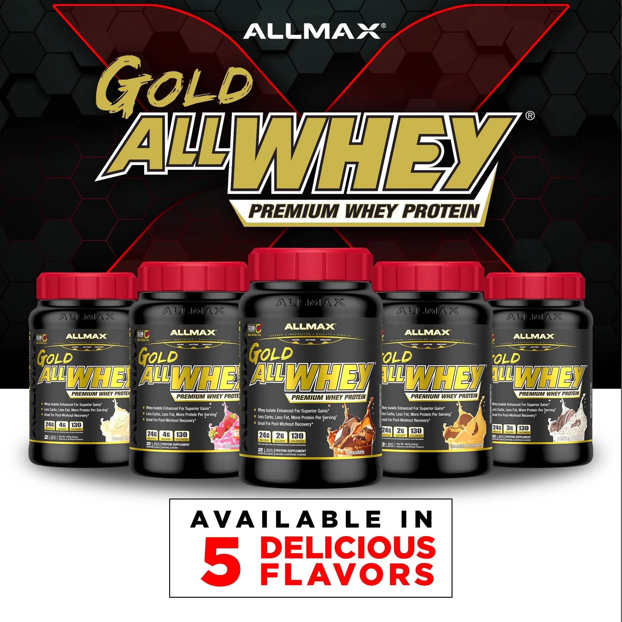 Six bottles of Allmax Gold AllWhey Premium Whey Protein in different flavors, displayed against a black and red graphic background with a white banner at the bottom stating 'AVAILABLE IN 5 DELICIOUS FLAVORS'.