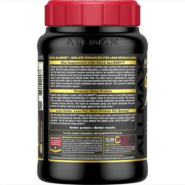 Gold AllWhey Chocolate 2lb left side view showing Informed-Sport certification for lean muscle gains.