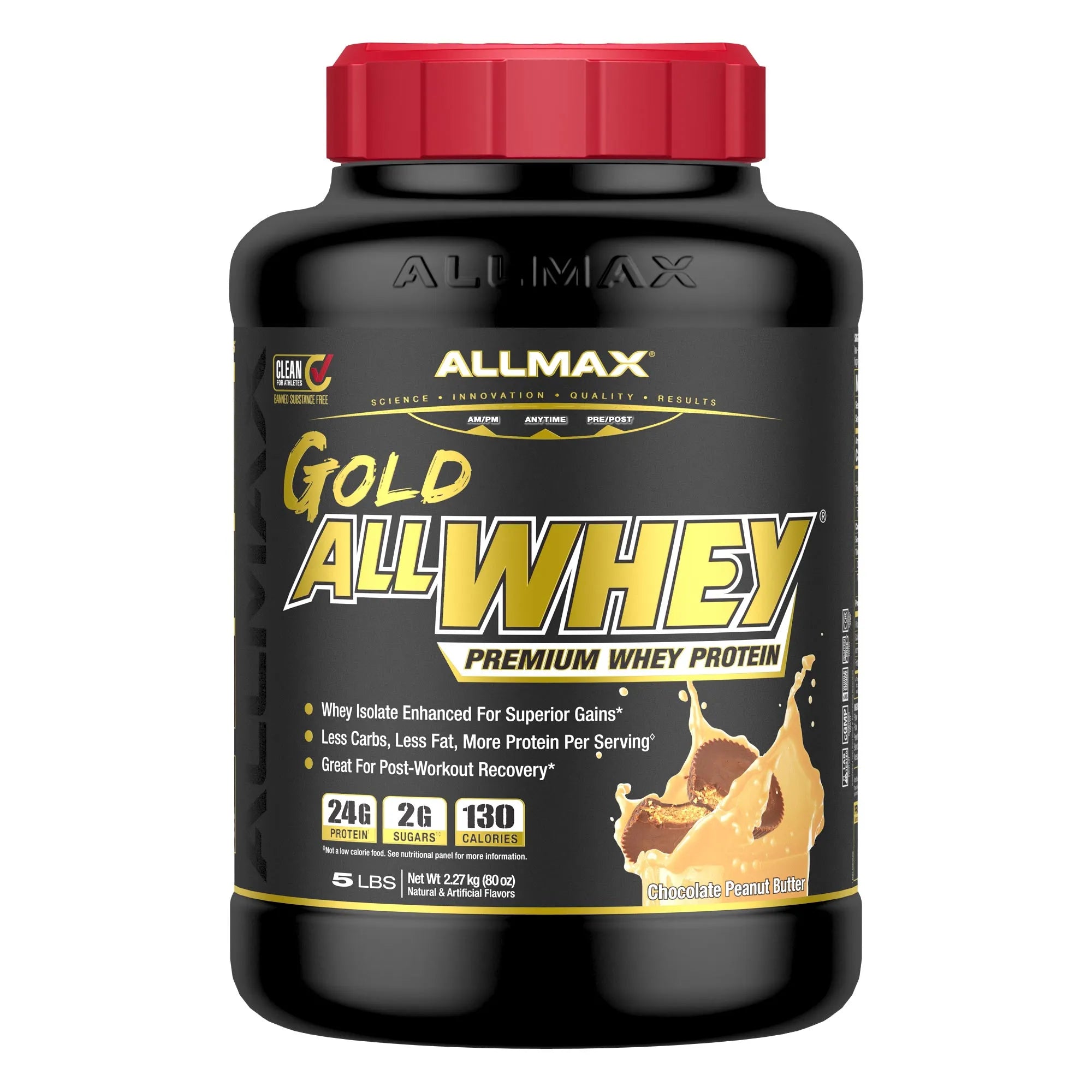 A black tub of Allmax Gold AllWhey Premium Whey Protein with a red cap, shown on a plain white background.
