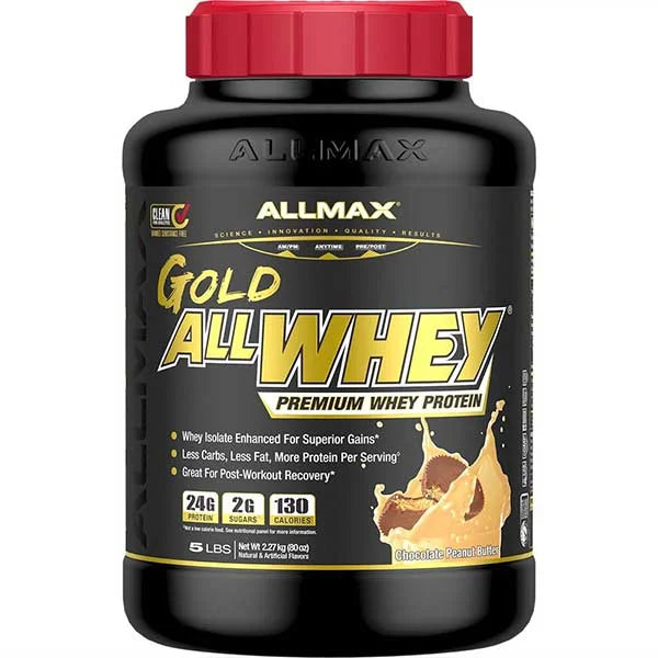 Allmax Gold AllWhey Chocolate Peanut Butter protein powder in a 5 lb tub for post-workout recovery.