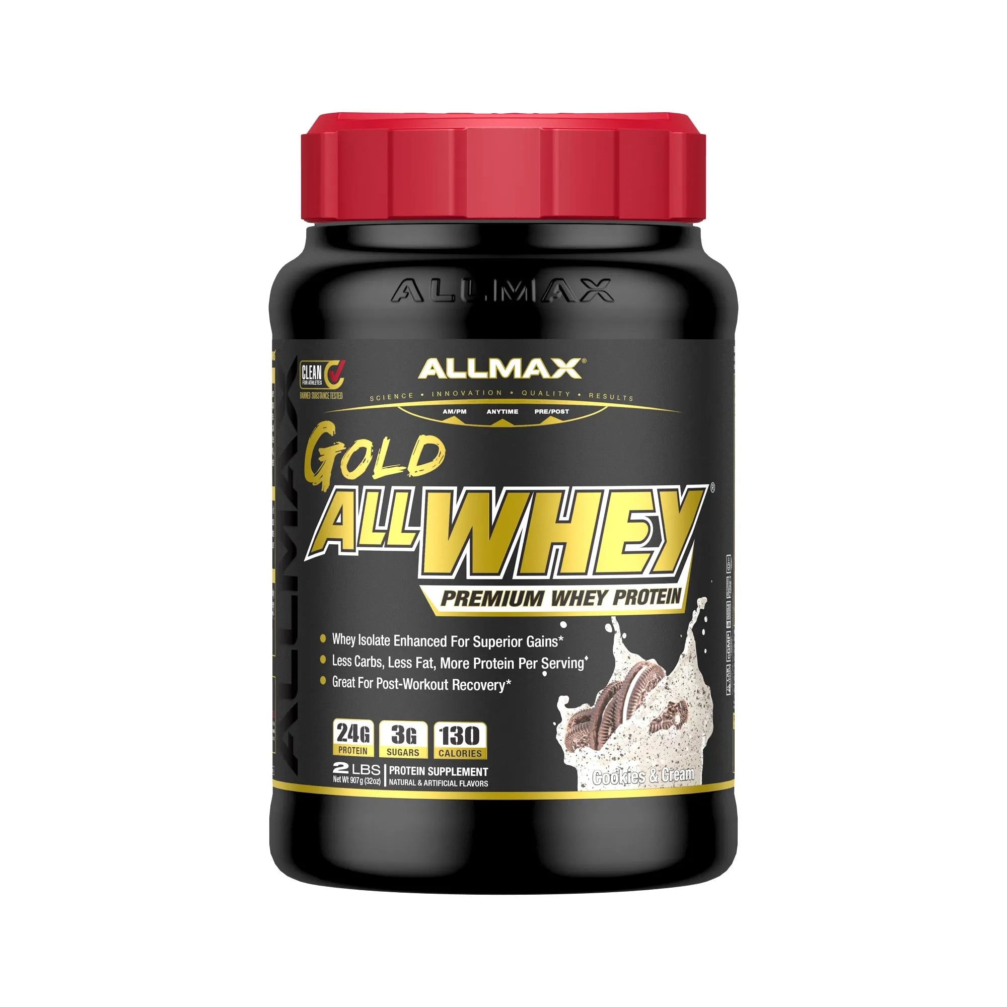 A black plastic tub of Allmax Gold AllWhey Premium Whey Protein with a red lid, shown on a plain white background.