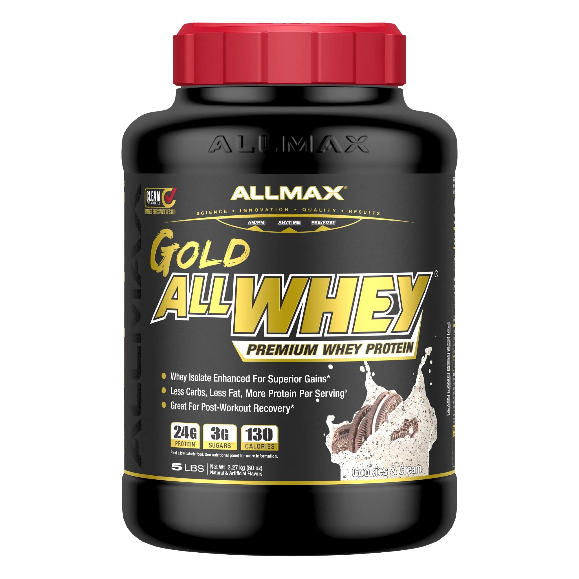 A 5 lb tub of Allmax Gold AllWhey Premium Whey Protein in chocolate milkshake flavor, featuring a black container with a red cap and a black label with gold and white text.
