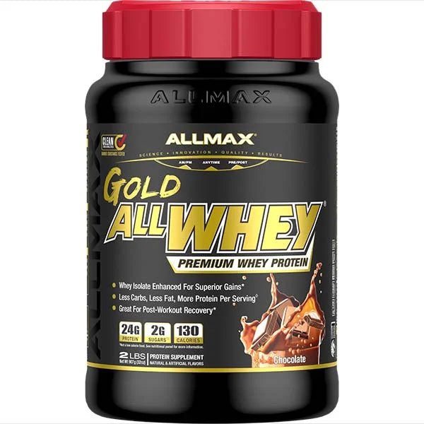 ALLMAX Gold AllWhey Premium Whey Protein in chocolate flavor for superior post-workout muscle recovery.