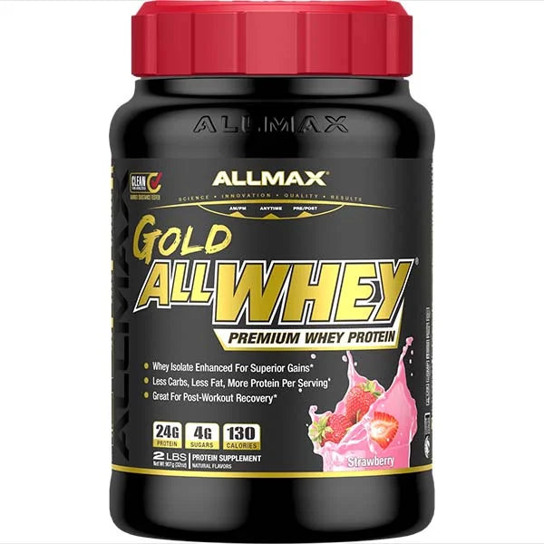 ALLMAX Gold AllWhey Premium Whey Protein in Strawberry flavor for post-workout muscle recovery and gains.