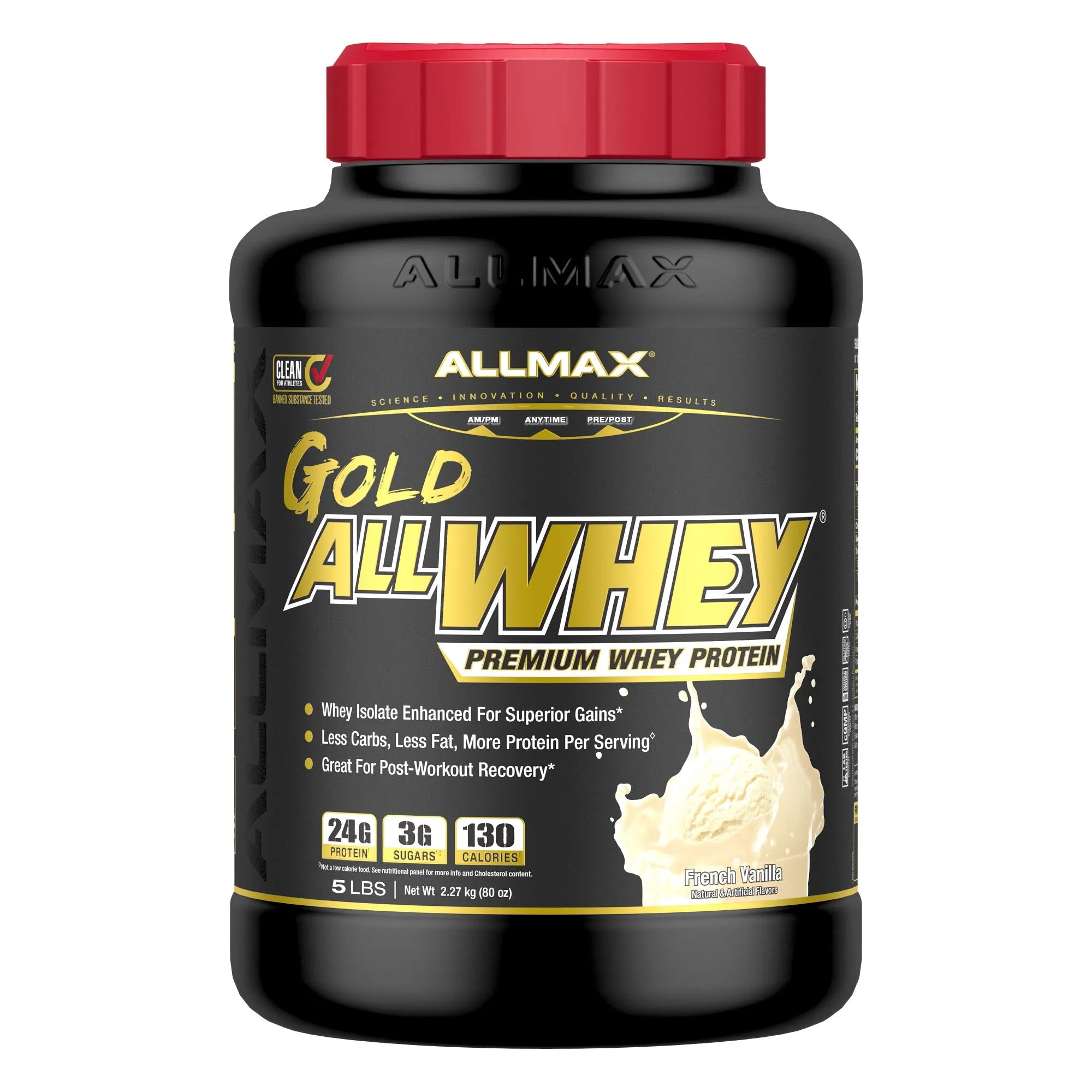 A black tub of Allmax Gold AllWhey Premium Whey Protein with a red cap, shown on a plain white background.