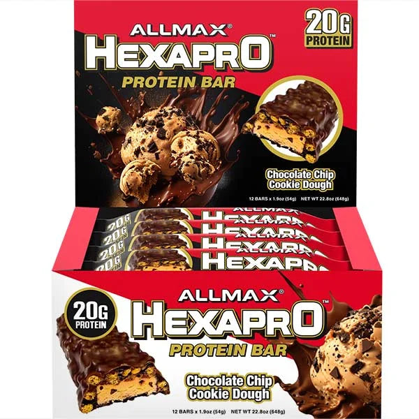 ALLMAX HEXAPRO Protein Bar in Chocolate Chip Cookie Dough flavour with 20g of protein for muscle recovery.