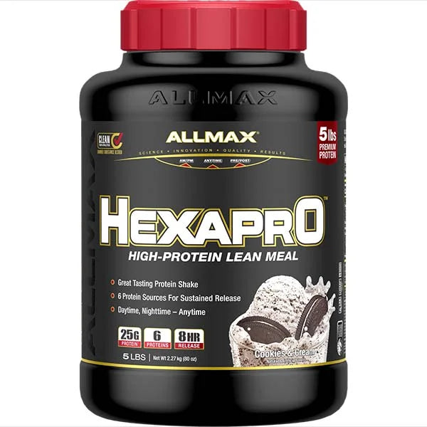 ALLMAX Hexapro Cookies & Cream protein lean meal provides 25g of protein for sustained 8-hour release.