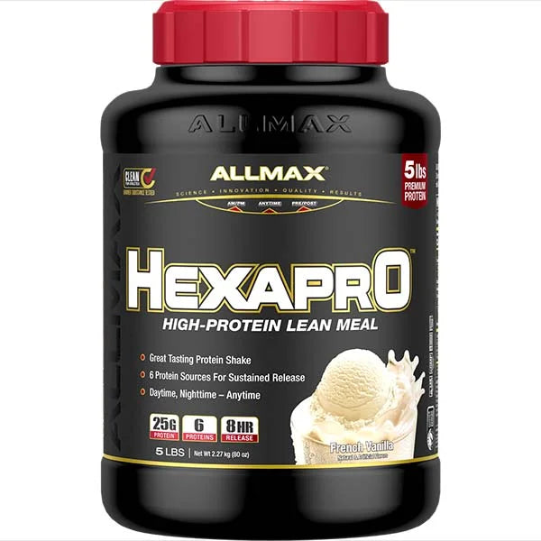 Allmax Hexapro French Vanilla protein powder with sustained eight hour release for muscle recovery.