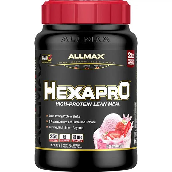 HEXAPRO High-Protein Lean Meal in strawberry flavor with 25g of protein for sustained muscle recovery.