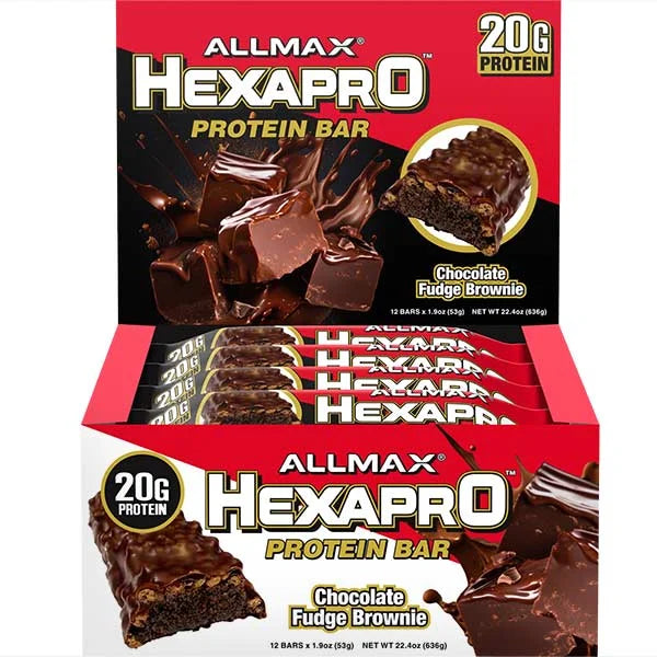 ALLMAX HEXAPRO Chocolate Fudge Brownie protein bars containing 20g of protein for muscle recovery.