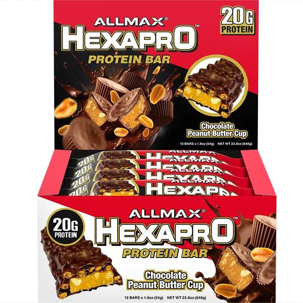 ALLMAX Hexapro Chocolate Peanut Butter Cup protein bar box with 20g of protein per bar.