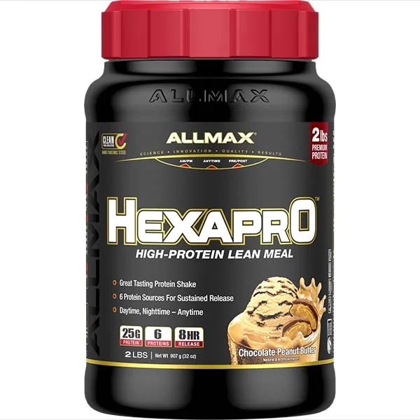 Allmax Hexapro High-Protein Lean Meal in Chocolate Peanut Butter flavor for 8-hour sustained release.