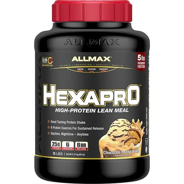 Allmax Hexapro Chocolate Peanut Butter protein powder in a 5 lb tub for sustained 8-hour amino acid release.