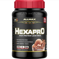 Allmax Hexapro chocolate protein shake with 25g of protein for sustained muscle recovery.