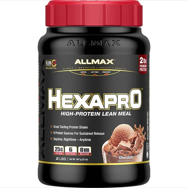 Allmax Hexapro chocolate protein shake with 25g of protein for sustained muscle recovery.