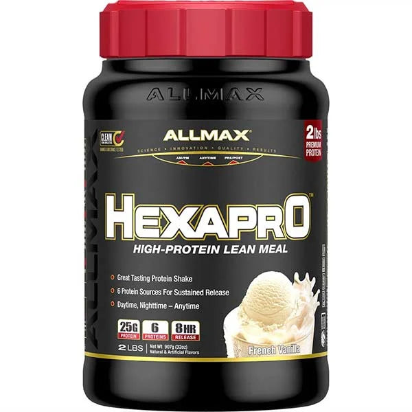 ALLMAX Hexapro French Vanilla lean meal shake with 25g of protein and 8-hour sustained release for anytime nutrition.